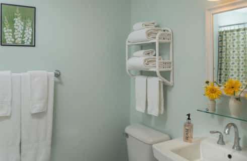 Bathroom with pale green walls, a pedestal sink, stool and towel racks.