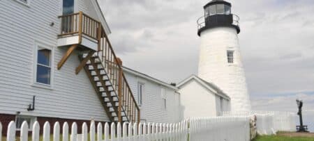 Historic, white Permaquid Lighthouse in Newcastle Maine
