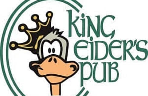 Fanciful drawing of a duck wearing a corwn with the text: King Eider's Pub